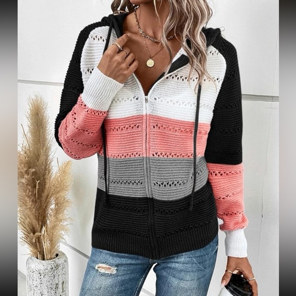 Boho color block zip up drawstring hooded knit sweater - Picture 5 of 5